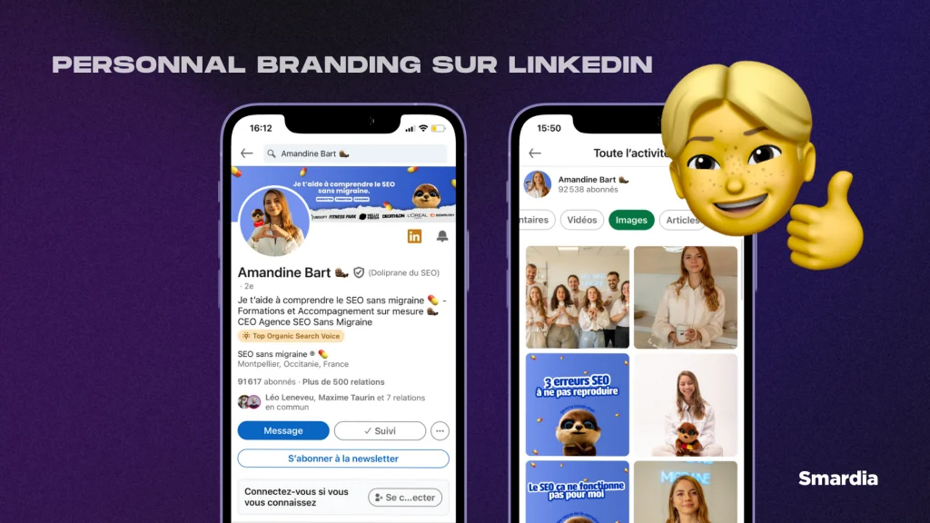 Image pour illustrer le fait qu'il est primordial d'utiliser le personal branding sur linkedin et nous pouvons voir deux téléphones qui montrent un exemple réussi de personal branding.