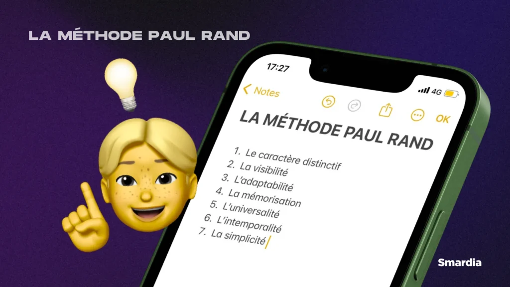 Image récapitulative de la méthode Paul Rand avec un téléphone qui indique les 7 points à retenir.