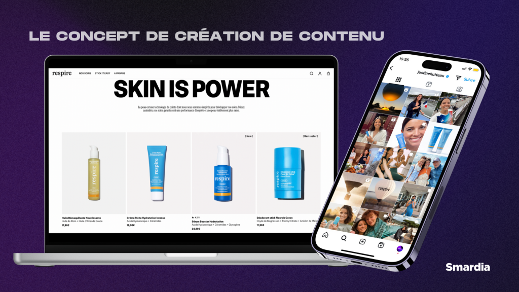 Image avec un ordinateur et un téléphone pour parler de l'exemple de la marque Respire qui allie parfaitement la stratégie de contenu avec le produit commercialisé.