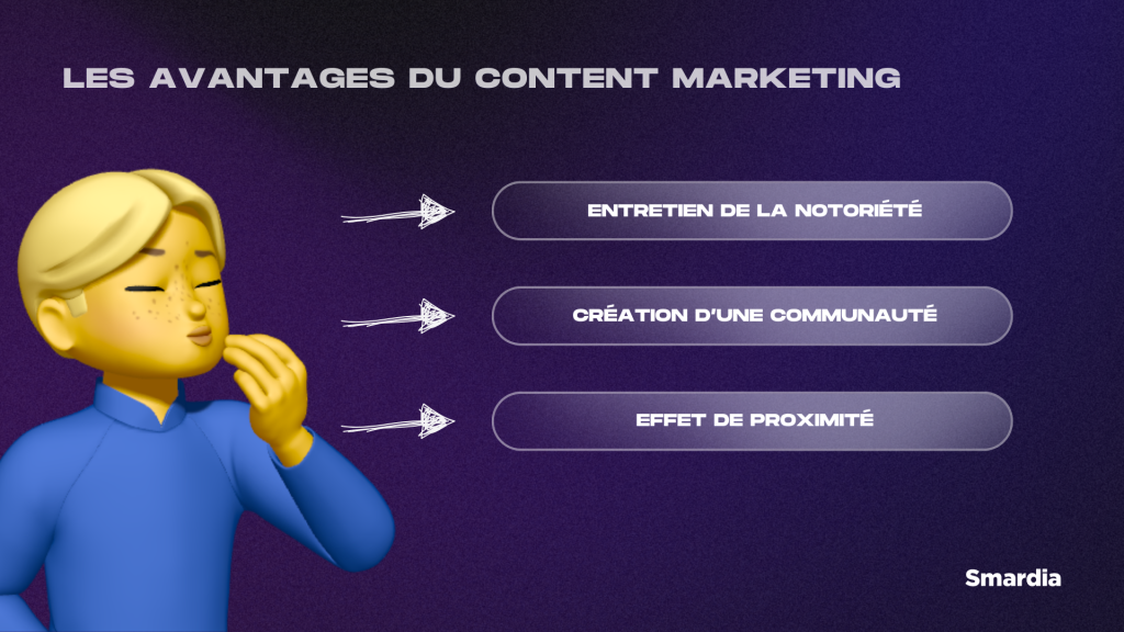 Image récapitulative du texte ci-dessus en écrivant les 3 avantages du content marketing.