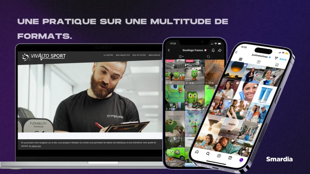 Image explicative du texte ci-dessous concernant le fait que la vidéo marketing s'applique sur différents canaux et sous différents formats et sur l'image nous pouvons voir 2 téléphones qui montrent l'application Instagram et Tiktok et à gauche un ordinateur avec une vidéo de Vivalto sur leur site web.