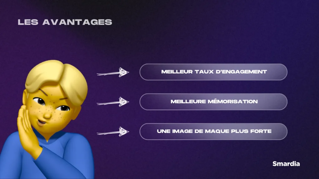 Liste de 3 éléments qui représente les avantages de la vidéo en content marketing.
