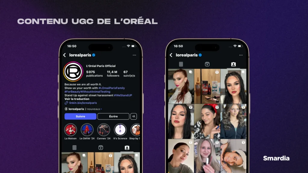 Deux téléphones qui montrent le compte Instagram de L'Oréal.