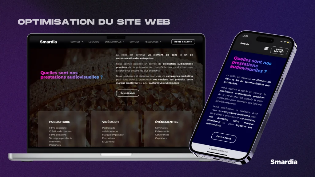 Pour optimiser le site web, nous donnons un exemple visuel avec notre site qui est responsive, c'est à dire qu'il s'adapte à la fois à un écran d'ordinateur, de tablette et de téléphone.