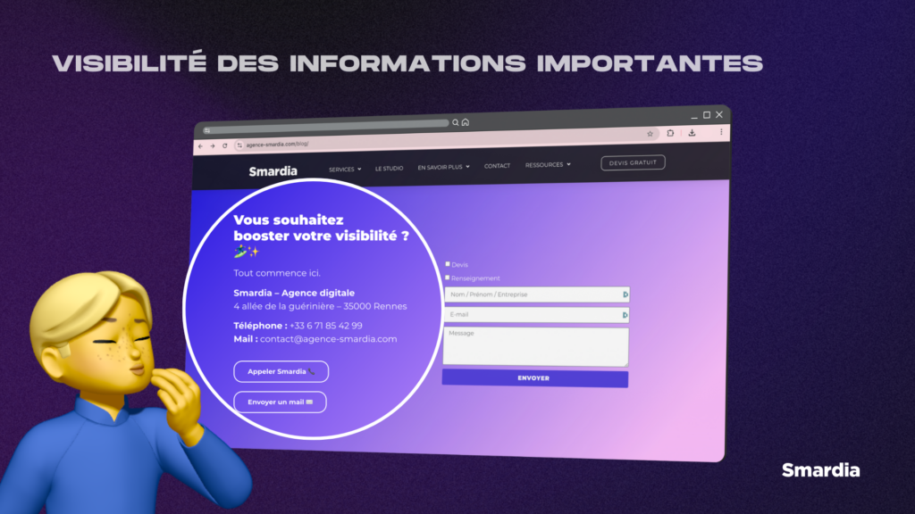 Image explicative du texte ci-dessus avec une capture d'écran du site web de l'agence Smardia afin d'expliquer qu'il est important d'avoir une bonne visibilité des informations importantes pour le SEO local. Nous pouvons voir les informations importantes de l'agence dans un rond qui permet d'avoir un zoom sur la page.