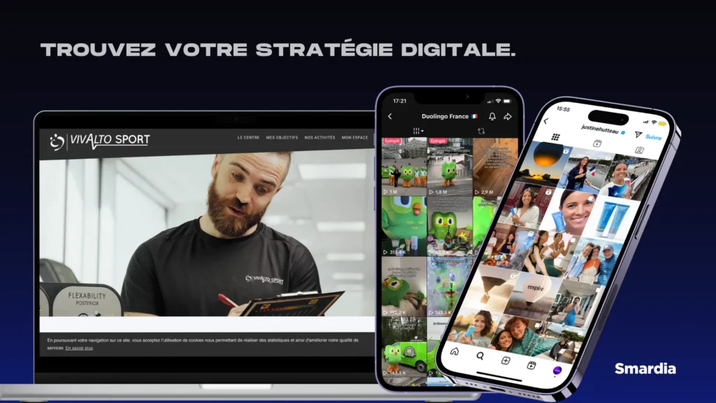 Page avec un site web sur un ordinateur et deux téléphones avec un qui est sur TikTok et le second sur Instagram.