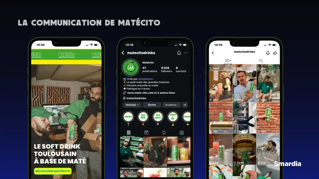 Téléphones avec les réseaux de la marque Matécito, le site internet, Instagram et TikTok.